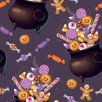 Sweets candies and colorful lollipops in cauldron halloween seamless pattern vector illustrations