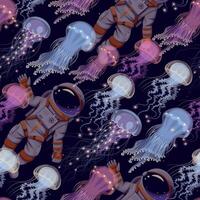 Vector seamless pattern with astronaut and jellyfish