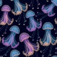 Glowing jellyfish on black background vector seamless pattern