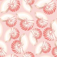 Vector seamless pattern with pink and white shells on pink background