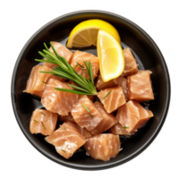 AI generated Delicious canned tuna chunks with lemon and rosemary isolated on transparent background With clipping path. png
