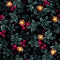 Vector seamless pattern with forest cranberry and dark leaves