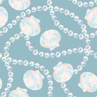 Vector seamless pattern with string of pearls and shells on pastel blue background