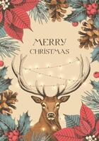 Vector Christmas card with winter flora and deer with glowing garland