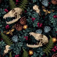 Vector seamless pattern with animal skulls and forest flora on black background