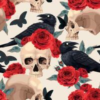 Vector seamless pattern with raven and human skull and red roses