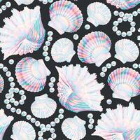 Vector seamless pattern with string of pearls and shells on black background