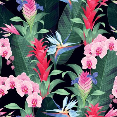 Vector seamless pattern with exotic flowers and tropical leaves