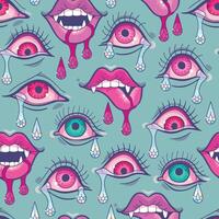 Vector seamless patern with eyes crying diamond tears and vampire lips