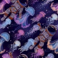 Vector seamless pattern with astronaut and jellyfish