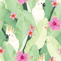 Vector seamles pattern with white cockatoo and pink hibiscus flower