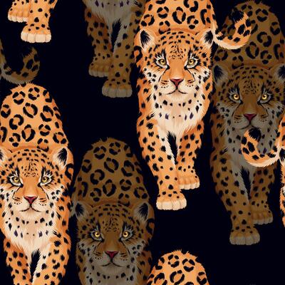High detailed realistic leopard on dark background vector seamless pattern
