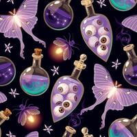 Magic seamless pattern with magic potions, moon moth and fireflies vector