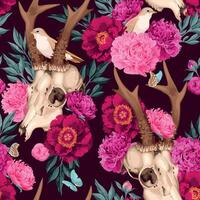 Vector seamless pattern with deer skull and peony