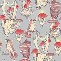 Deer skull with fly agaric, enchanted forest vector seamless pattern