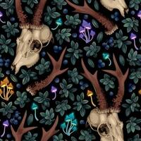 Vector seamless pattern with animal skulls and glowing neon mushrooms on black background