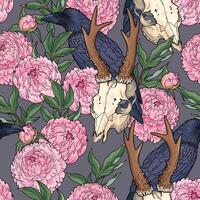 Vector seamless pattern with deer skulls, ravens and pink peonies