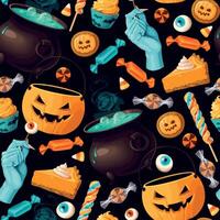 Sweets candies and colorful lollipops in cauldron halloween seamless pattern vector illustrations