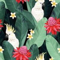 Vector seamless pattern with white cockatoo and red ginger flower