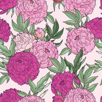Pink peony flowers and leaves vector seamless pattern