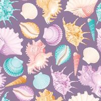 Vector seamless pattern with bright varicolored shells on neutral background