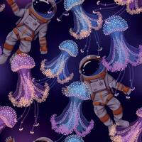 Vector seamless pattern with astronaut and jellyfish