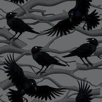 Vector seamless pattern with black raven on a branch