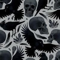 Vector seamless pattern with ravens and black human skulls