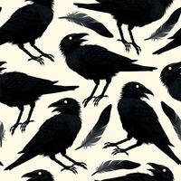 Vector seamless pattern with raven and black feathers on grey background