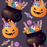 Sweets candies and colorful lollipops in cauldron halloween seamless pattern vector illustrations