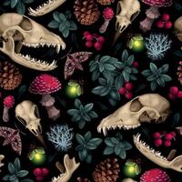 Vector seamless pattern with animal skulls and forest flora on black background