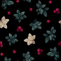 Vector seamless pattern with forest cranberry and dark leaves