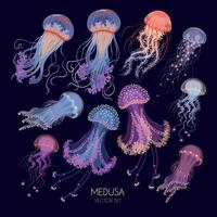 Big vector set of glowing transparent jellyfish isolated on black background