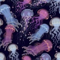 Glowing jellyfish on black background vector seamless pattern