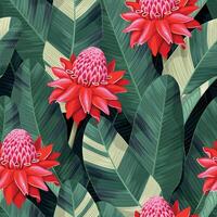 Vector seamless pattern with red ginger flowers and palm leaves