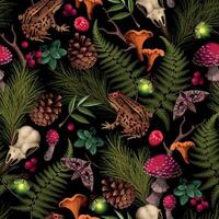 Vector seamless pattern with forest flora and fauna on black background