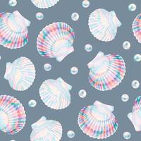 Vector seamless pattern with pearly and white shells on neutral background