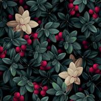 Vector seamless pattern with forest cranberry and dark leaves