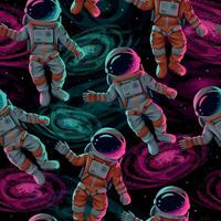 Astronauts in white suit space glow vector pattern on black background