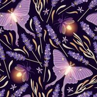 Dry lavender, moon moth and firefly vector seamless pattern