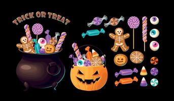 Vector set of halloween sweets for kids with bucket and cauldron