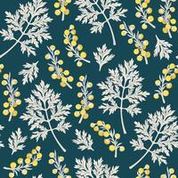 Wormwood leaves and flowers high detailed vector seamless pattern on dark green background