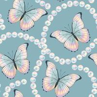 Vector seamless pattern with high detailed tropic butterfly and string of pearls