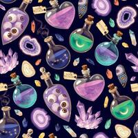 Magic seamless pattern with magic potions, love elixirs and crystals vector