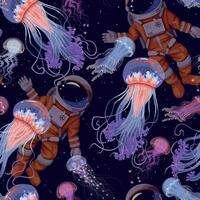 Vector seamless pattern with astronaut and jellyfish