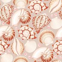 Vector seamless pattern with brown and white shells on beige background