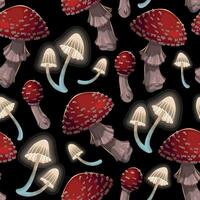 Vector seamless pattern with fly agaric and glowing poisonous mushrooms on black background