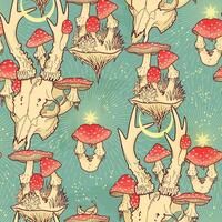 Deer skull with fly agaric, enchanted forest vector seamless pattern