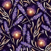 Dry lavender and glowing fireflies vector seamless pattern