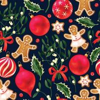 Winter seamless patterns with gingerbread cookies and holly leaves vector